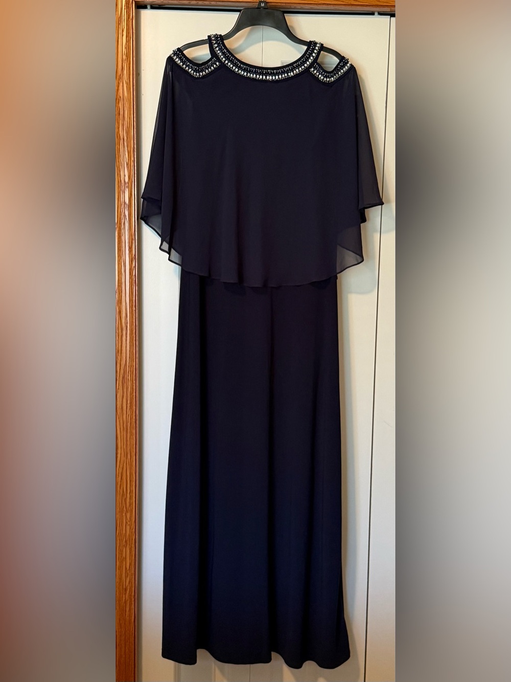 Elegant Navy Beaded Capelet Evening Gown